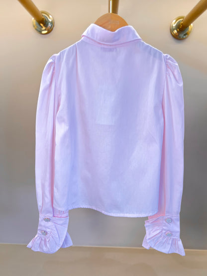 Camisa Infantil Algodão Babadinhos Punho Pregas Rosa - Luluzinha