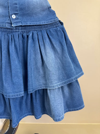 Conjunto Infantil Blusa Jeans Strass e Saia Laços Laterais Bordado Com Pérolas - Gabriela Aquarela