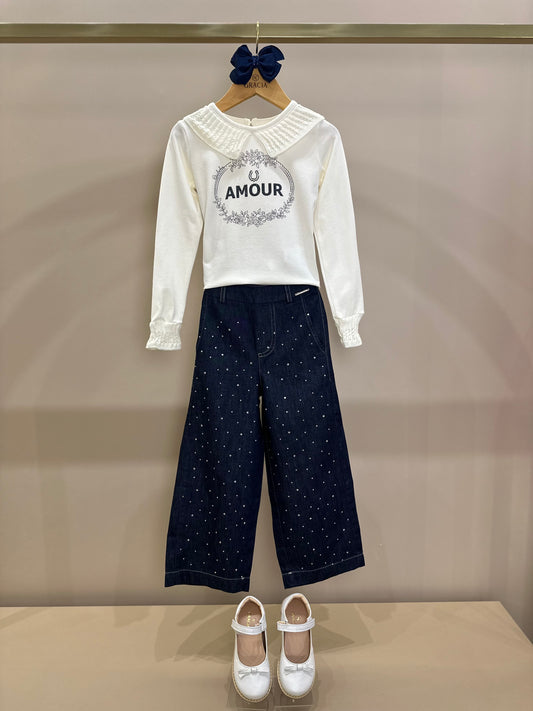 Conjunto Infantil Blusa Cotton Amour Cristal Off White e Calça Jeans Reta Cristais - Pituchinhus