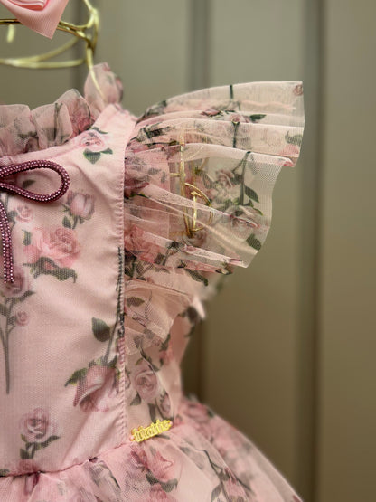 Vestido Infantil Festa Princesa Tule Floral Rodado Rosa - Luluzinha