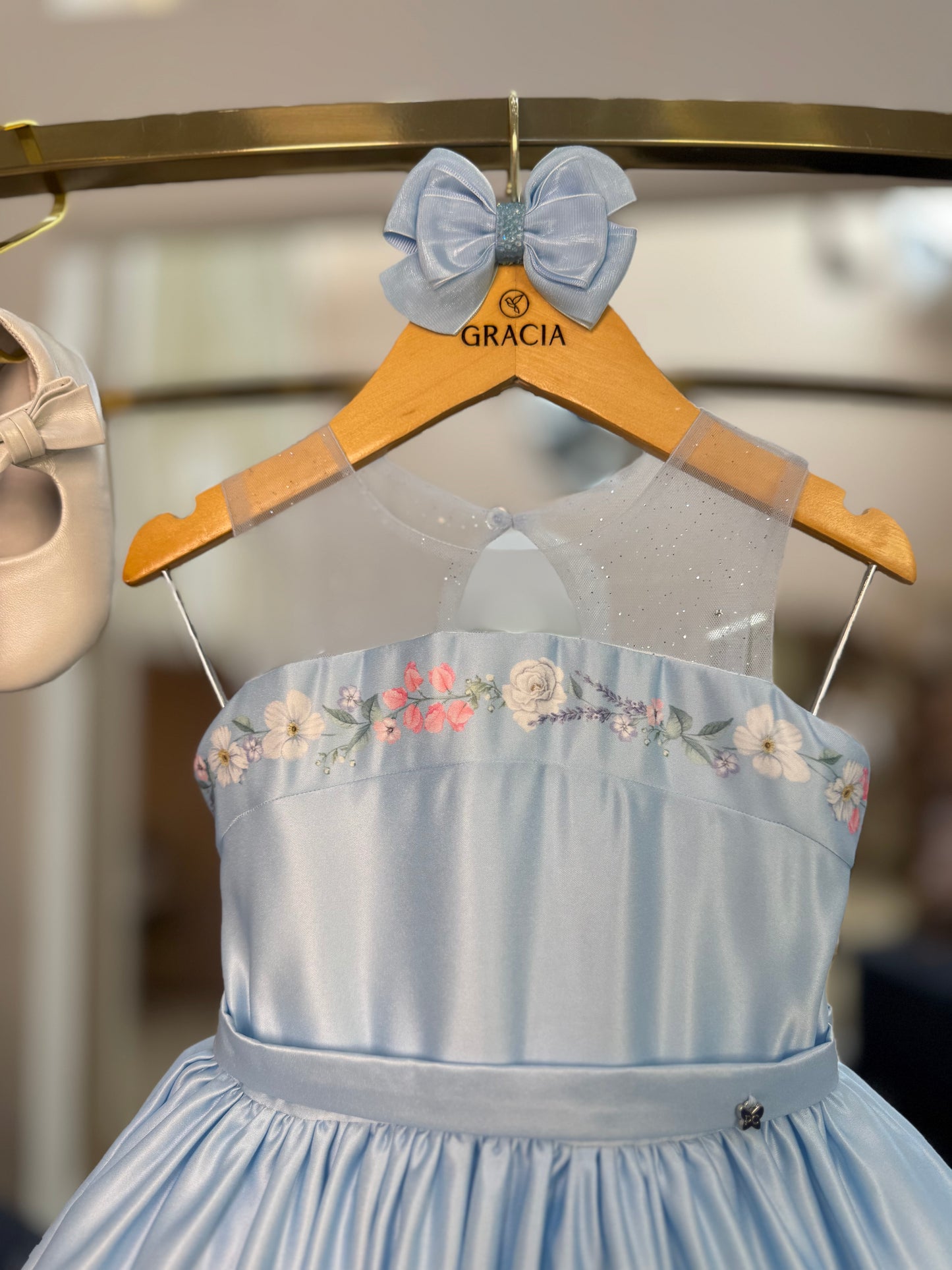 Vestido Infantil Festa Tule Azul Flores - Petit Cherie