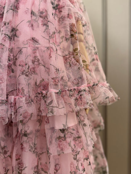 Vestido Infantil Festa Princesa Tule Floral Rodado Rosa - Luluzinha