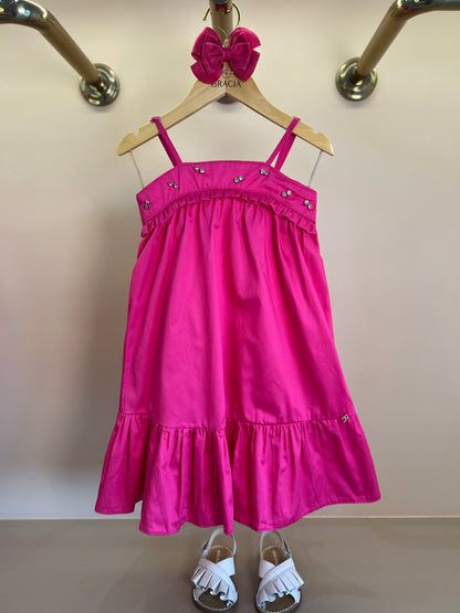 Vestido Infantil Algodão Pink Aplicação Pérolas e Strass - Petit Cherie