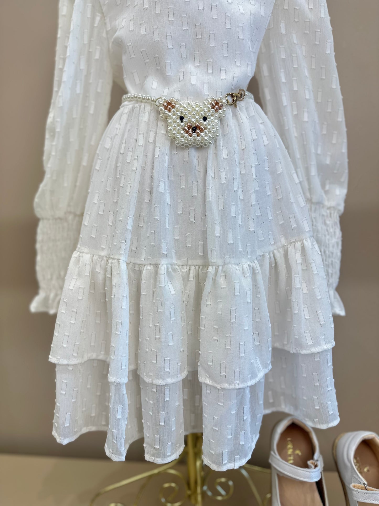Vestido Infantil Chiffon Rodado ML Cinto Pérolas Ursinho Branco - Luluzinha