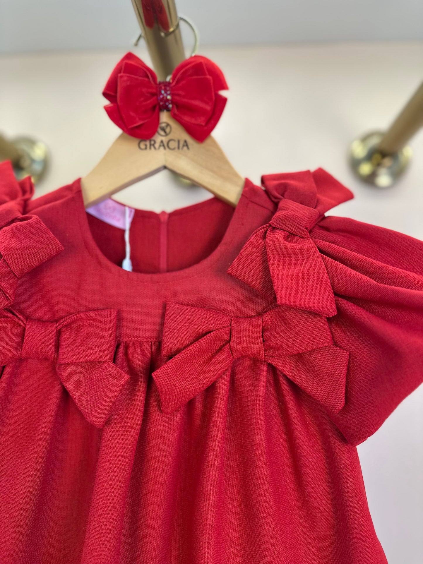 Vestido Infantil Linho Laços Vermelho - Luluzinha
