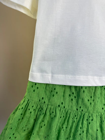Conjunto Infantil Blusa Laço Estampado e Saia Bordado Verde - Momi