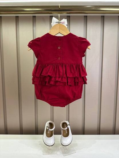 Romper Bebê Fofinho Tricoline Babados Vermelha - Um Mais Um