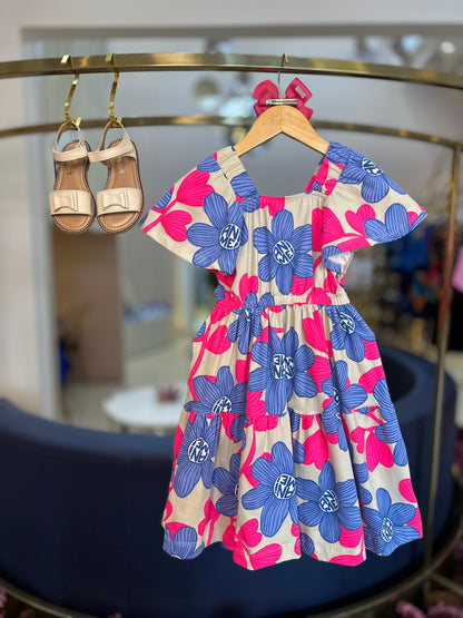 Vestido Infantil Mangas Amplas Flores Azuis - Animê