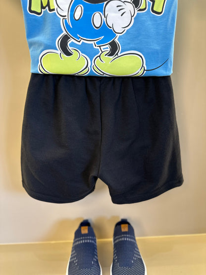 Conjunto Infantil Camiseta Mickey Azul Celeste e Bermuda Moletom Preta - Youccie