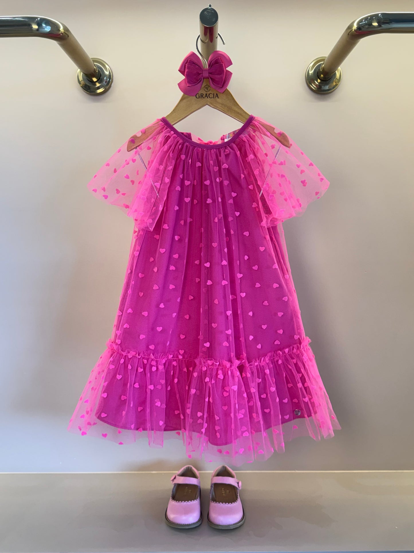 Vestido Infantil Trapézio Tule Corações Pink - Mon Sucré