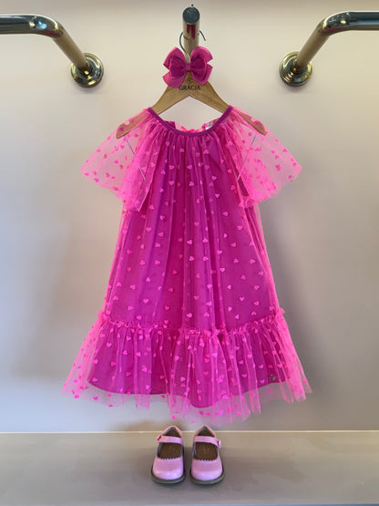 Vestido Infantil Trapézio Tule Corações Pink - Mon Sucré
