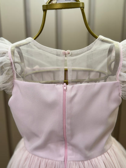 Vestido Infantil Festa Tule Poly Mesh Pérolas e Lacinho Aplicado Rosa - Petit Cherie