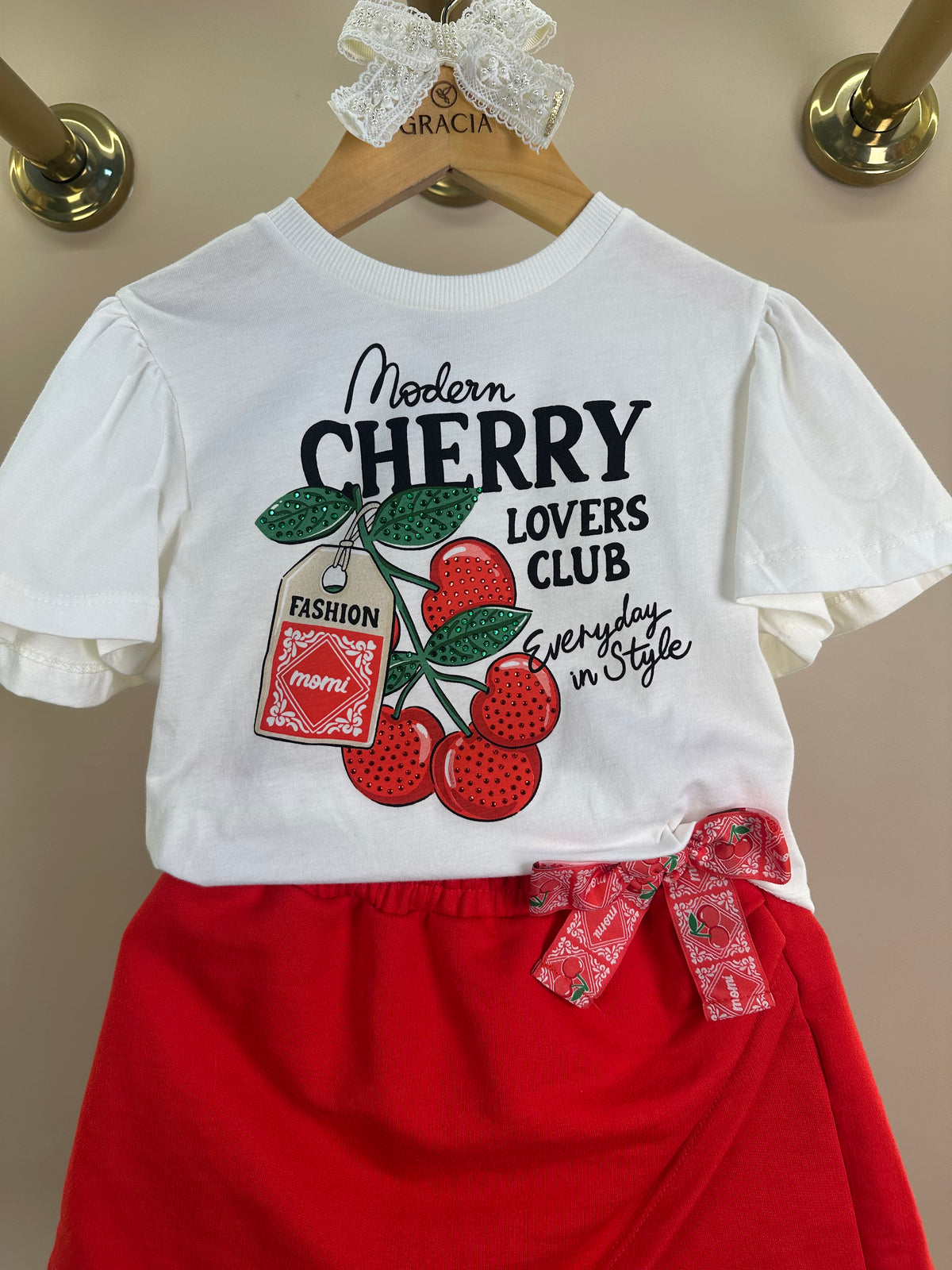Conjunto Infantil Blusa Cherry e Shorts Saia Laço Lateral - Momi