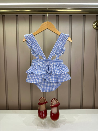 Jardineira Bebê Clássica Xadrez Azul Body Branco Golinha - Roana