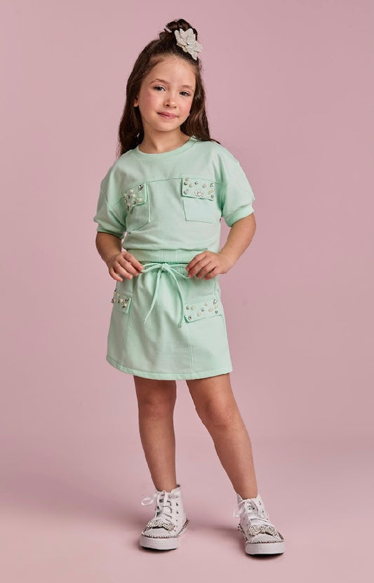 Conjunto Infantil Short  Com Cinto  E Blusa Turquesa Com Bolsos Bordados  Verde - Gabriela Aquarela