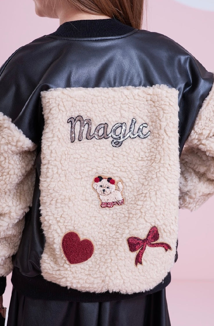 Conjunto Infantil Blusa ML Poás Cachorrinho Lacinhos Cristais e Saia Evasê Couro Tech Preta - Pituchinhus