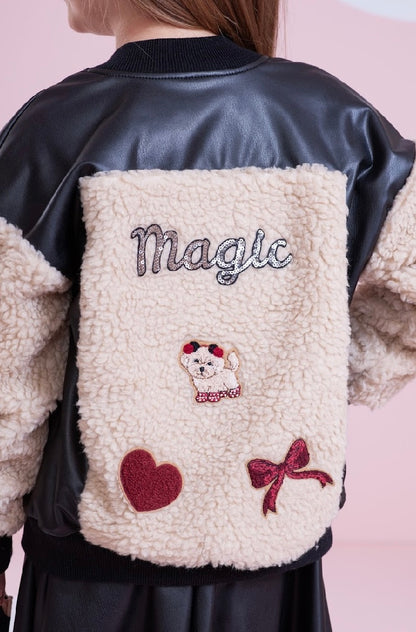 Conjunto Infantil Blusa ML Poás Cachorrinho Lacinhos Cristais e Saia Evasê Couro Tech Preta - Pituchinhus