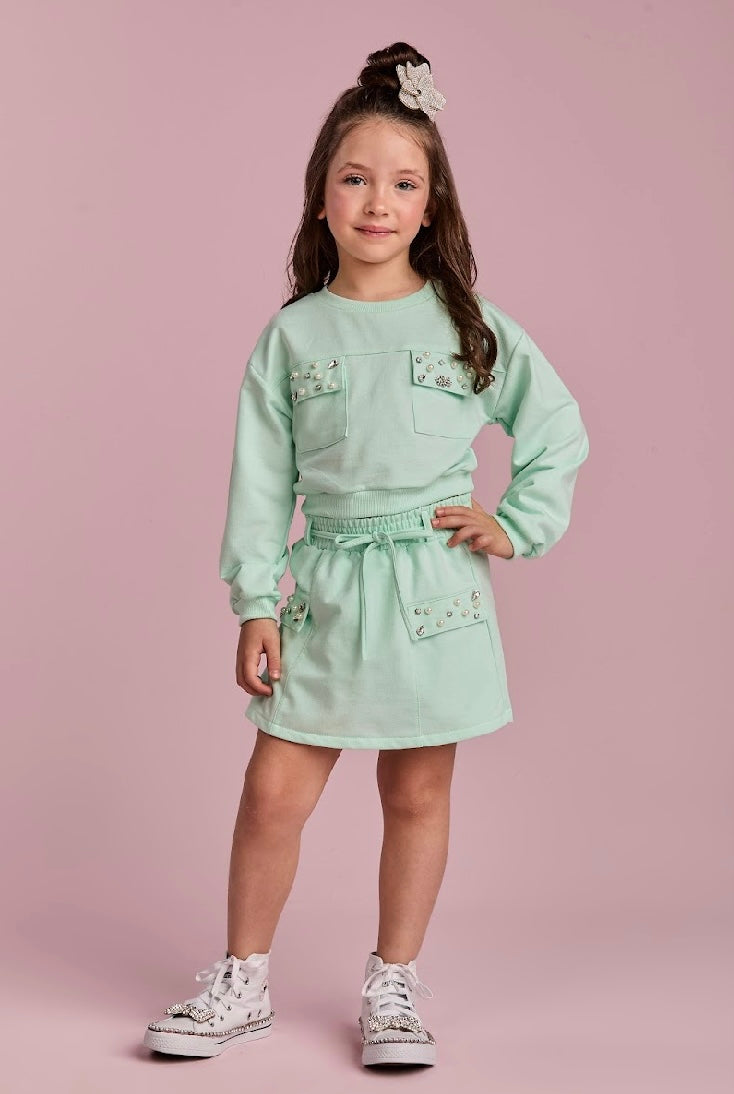 Conjunto Infantil Short  Com Cinto  E Blusa Turquesa Com Bolsos Bordados  Verde - Gabriela Aquarela