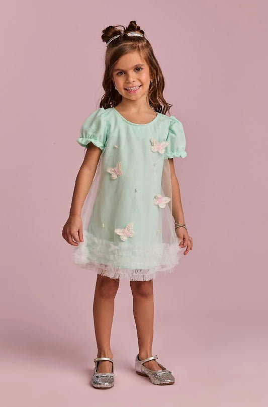 Vestido Infantil Turquesa De Tule Com Borboletas Verde - Gabriela Aquarela