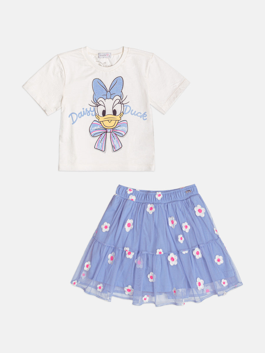 Conjunto Infantil  Blusa Daisy Duck Com Strass Pérola e Saia Tule Bordado Flores Lilás - Momi