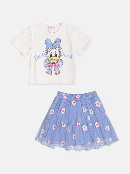 Conjunto Infantil  Blusa Daisy Duck Com Strass Pérola e Saia Tule Bordado Flores Lilás - Momi