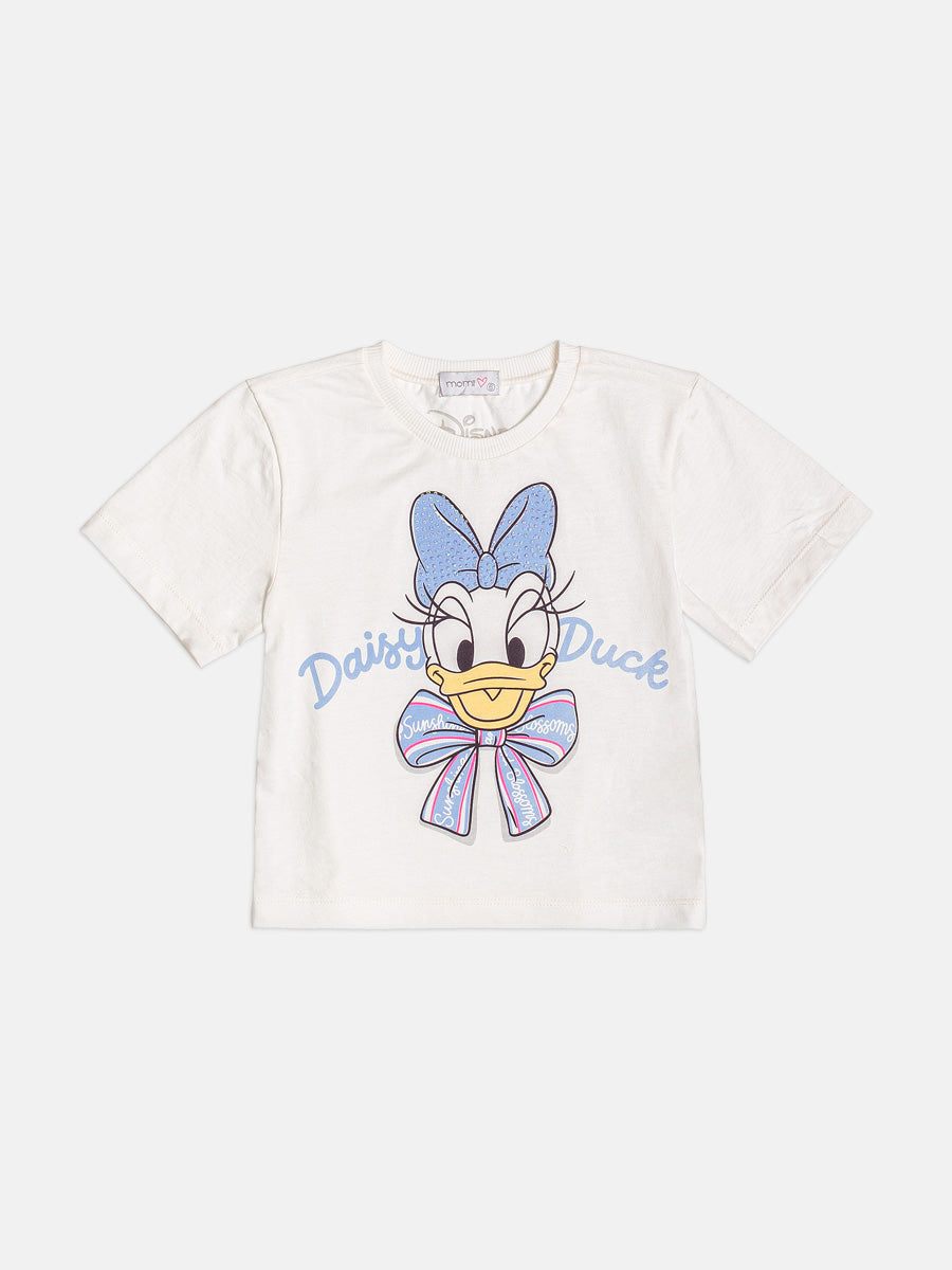 Conjunto Infantil  Blusa Daisy Duck Com Strass Pérola e Saia Tule Bordado Flores Lilás - Momi