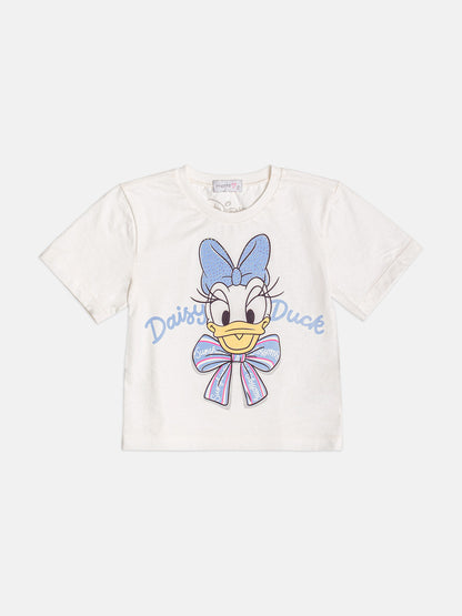 Conjunto Infantil  Blusa Daisy Duck Com Strass Pérola e Saia Tule Bordado Flores Lilás - Momi