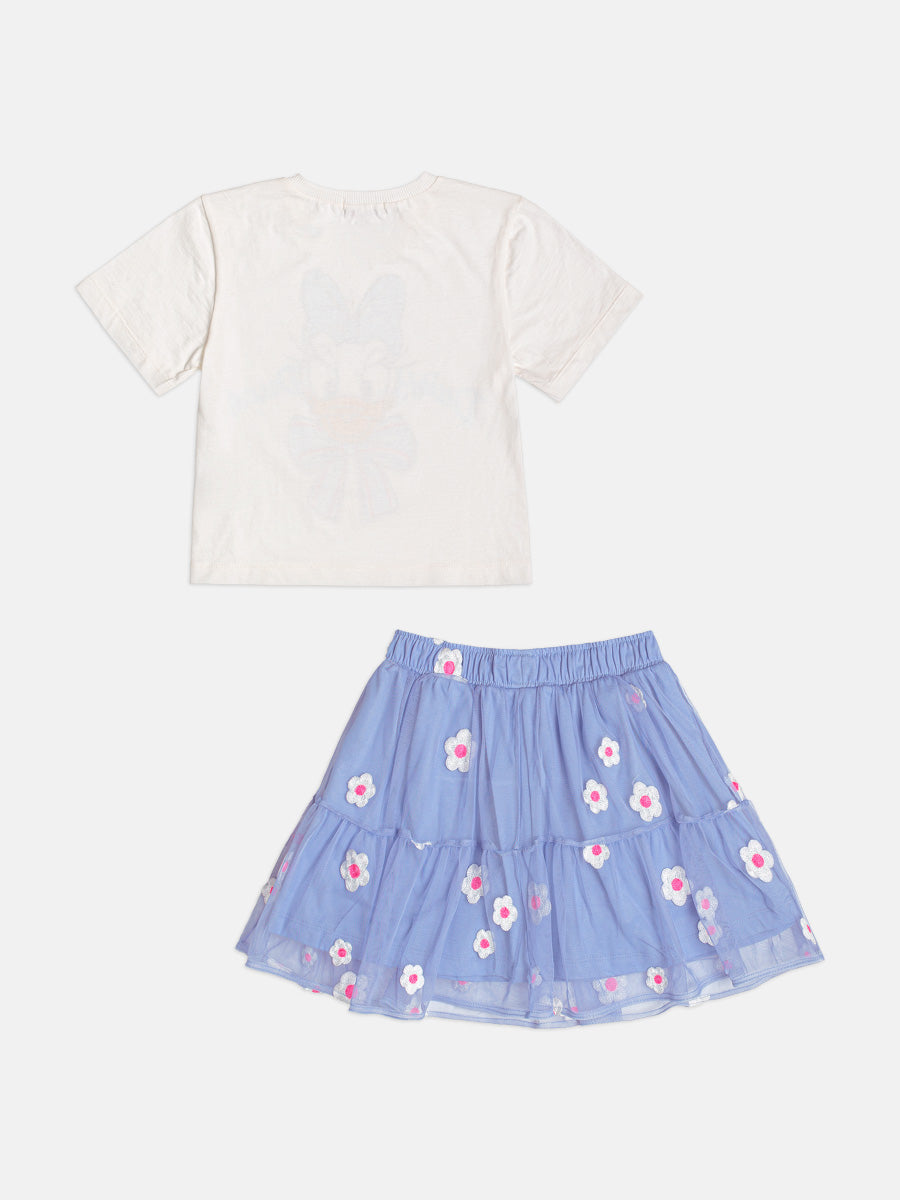 Conjunto Infantil  Blusa Daisy Duck Com Strass Pérola e Saia Tule Bordado Flores Lilás - Momi