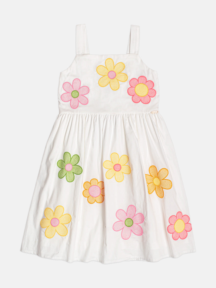 Vestido Infantil Alças Fina Bordado Flores Off White - Momi