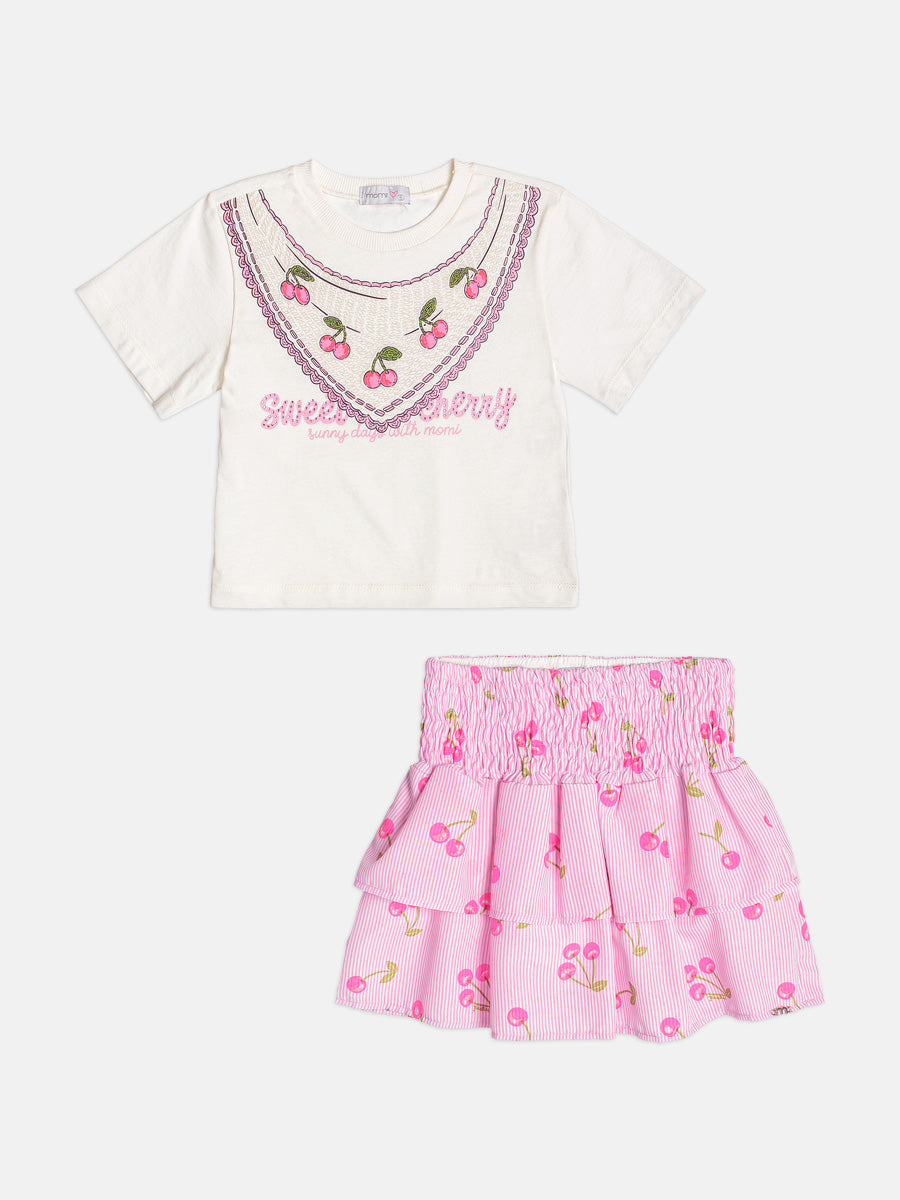 Conjunto Infantil Blusa Cerejas e Saia Franzida Babados Em Camadas - Momi