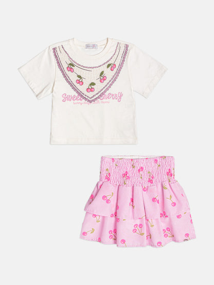 Conjunto Infantil Blusa Cerejas e Saia Franzida Babados Em Camadas - Momi