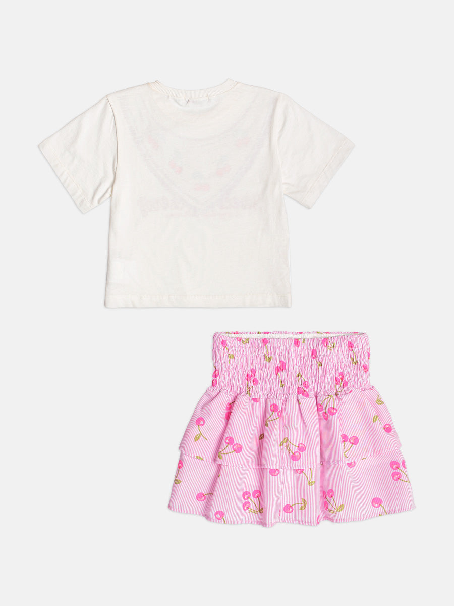 Conjunto Infantil Blusa Cerejas e Saia Franzida Babados Em Camadas - Momi