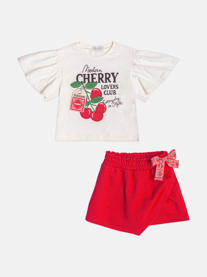 Conjunto Infantil Blusa Cherry e Shorts Saia Laço Lateral - Momi