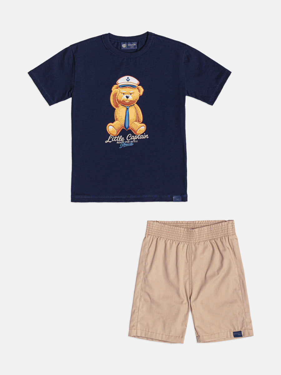 Conjunto Infantil T - Shirt Little Bear e Bermuda Azul Marinho - Youccie