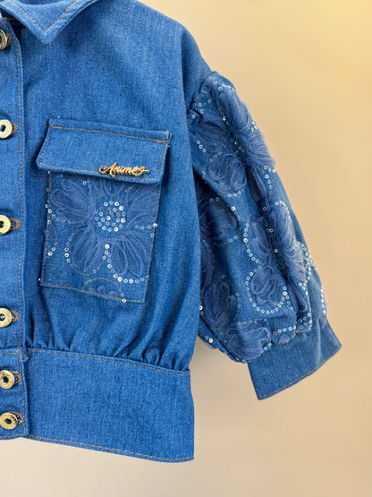 Jaqueta Infantil Jeans Bordada Tule Flores - Animê