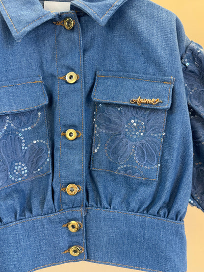 Jaqueta Infantil Jeans Bordada Tule Flores - Animê