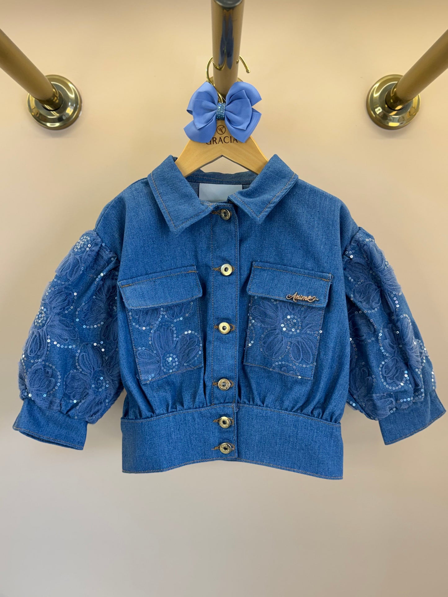Jaqueta Infantil Jeans Bordada Tule Flores - Animê