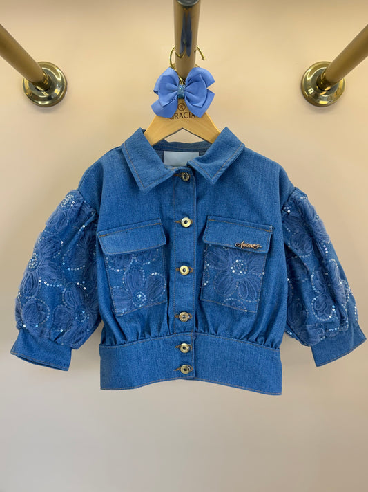 Jaqueta Infantil Jeans Bordada Tule Flores - Animê