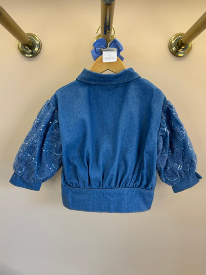 Jaqueta Infantil Jeans Bordada Tule Flores - Animê