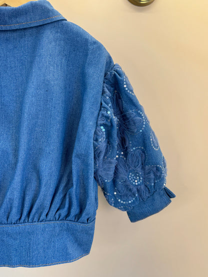 Jaqueta Infantil Jeans Bordada Tule Flores - Animê