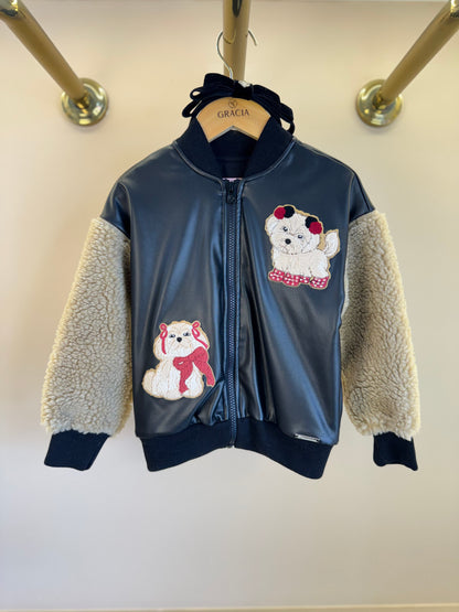 Jaqueta Infantil Patches Couro e Pele Carneirinhos Preta  -Pituchinhus