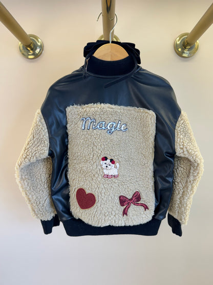 Jaqueta Infantil Patches Couro e Pele Carneirinhos Preta  -Pituchinhus