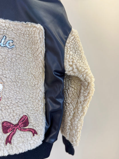 Jaqueta Infantil Patches Couro e Pele Carneirinhos Preta  -Pituchinhus