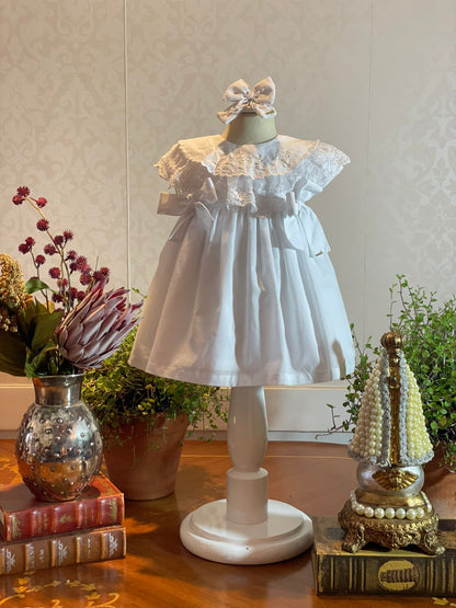 Vestido Bebê Algodão Gola Babados Bordada com Lacinhos Branco - Roana