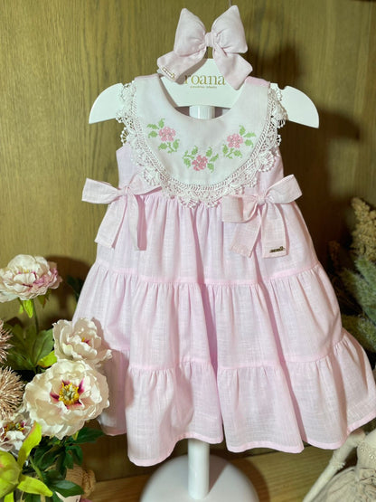 Vestido Infantil Algodão Clássico Rosa Gola Branca Bordada e Rendada - Roana