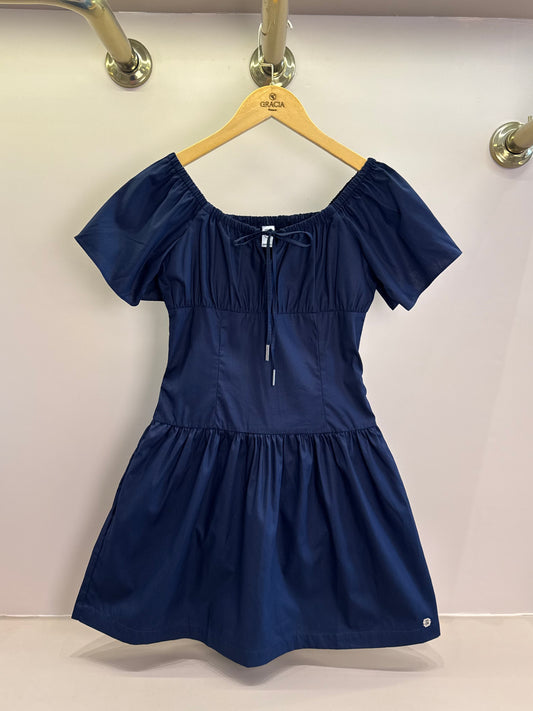 Vestido Teen  Algodão Estruturado Decote Quadrado Amarração Mangas Sino Marinho - Two In