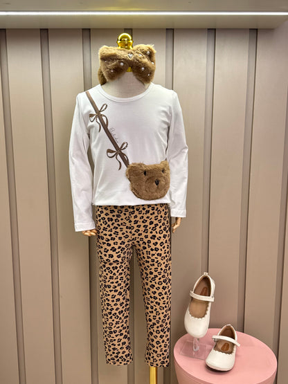 Conjunto Infantil Blusa Bolsa Pele Ursinha e Legging Infantil Light Oncinha - Pituchinhus