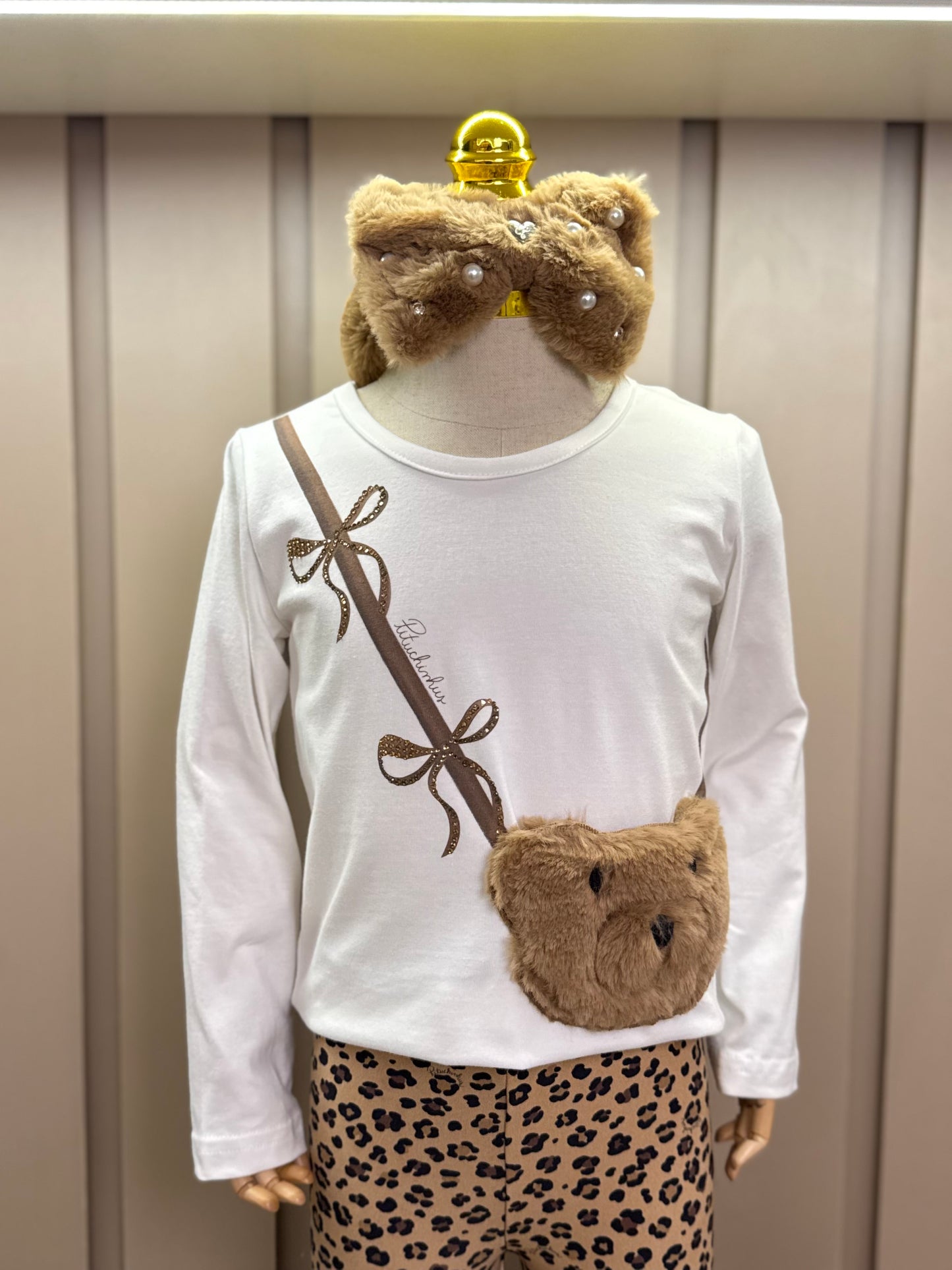 Conjunto Infantil Blusa Bolsa Pele Ursinha e Legging Infantil Light Oncinha - Pituchinhus