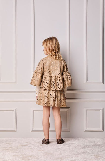 Conjunto Infantil Casaco Capa e Saia-shorts Couro Tech Floral Vazado - Animê