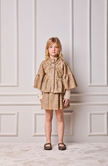 Conjunto Infantil Casaco Capa e Saia-shorts Couro Tech Floral Vazado - Animê